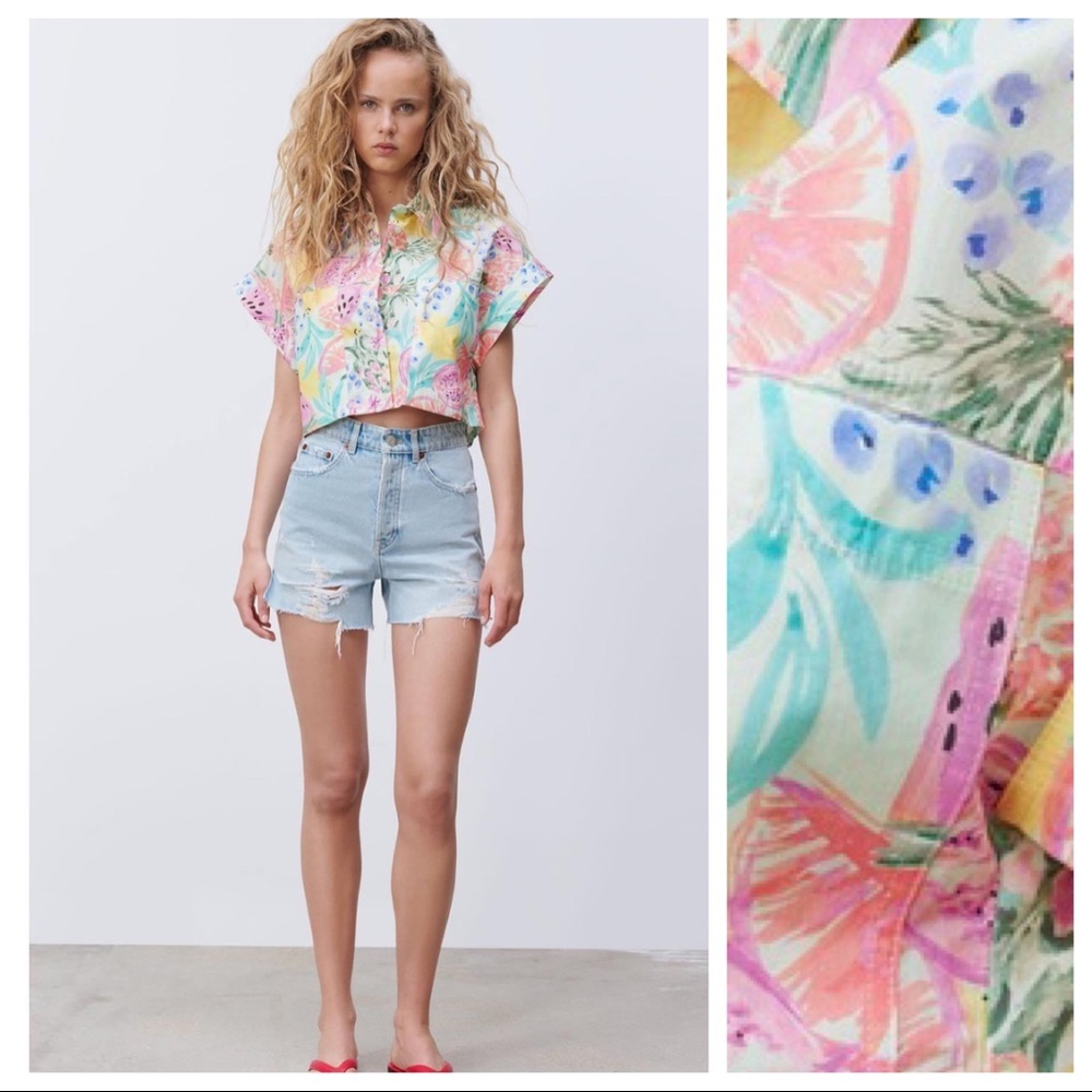 Zara Pastel Floral Cropped Shirt Top